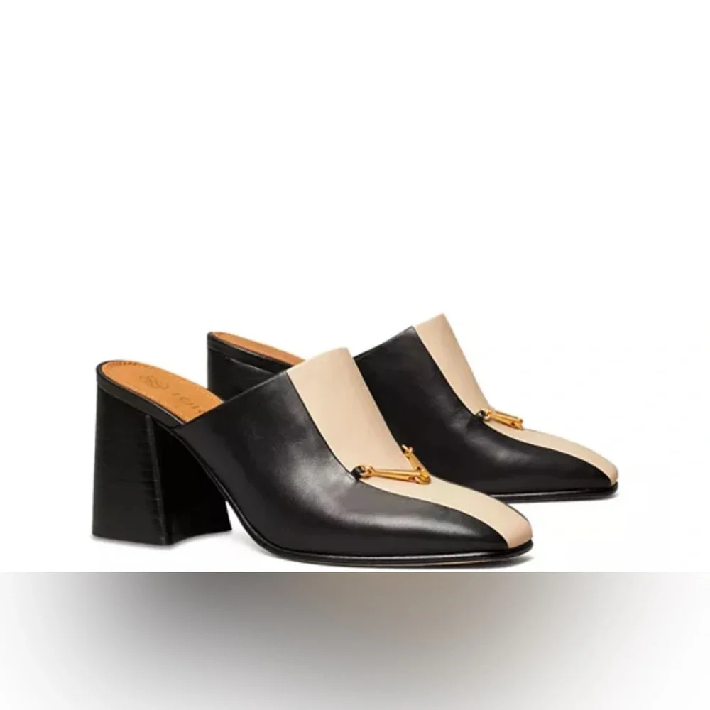 TORY BURCH EQUESTRIAN LINK MULE 80MM PUMP LEATHER BLACK/DULCE DE LECHE SZ US 8 - Picture 2 of 11